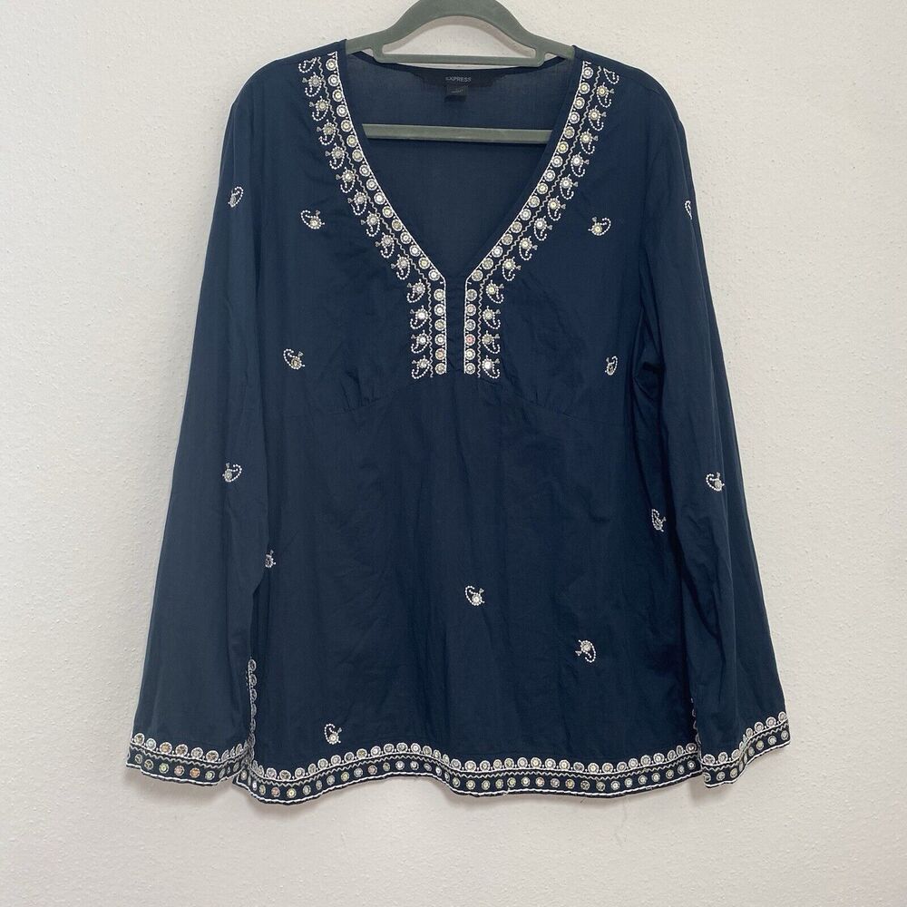 Express Womens Cotton Babydoll Bell Sleeve V Neck Sequin Top Size L Y2K Fairy - Picture 2 of 12